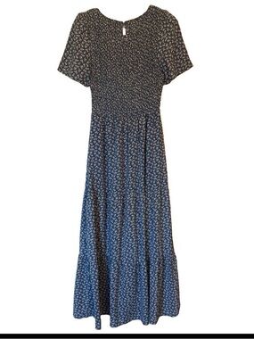 Women's Blue Floral Smocked Maxi Dress